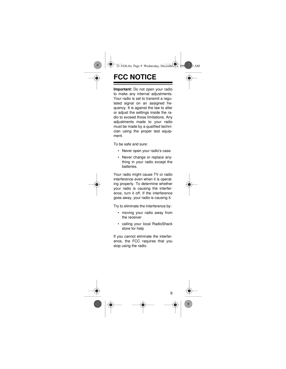 Radio Shack 21-1826/28/29 owner manual FCC Notice 