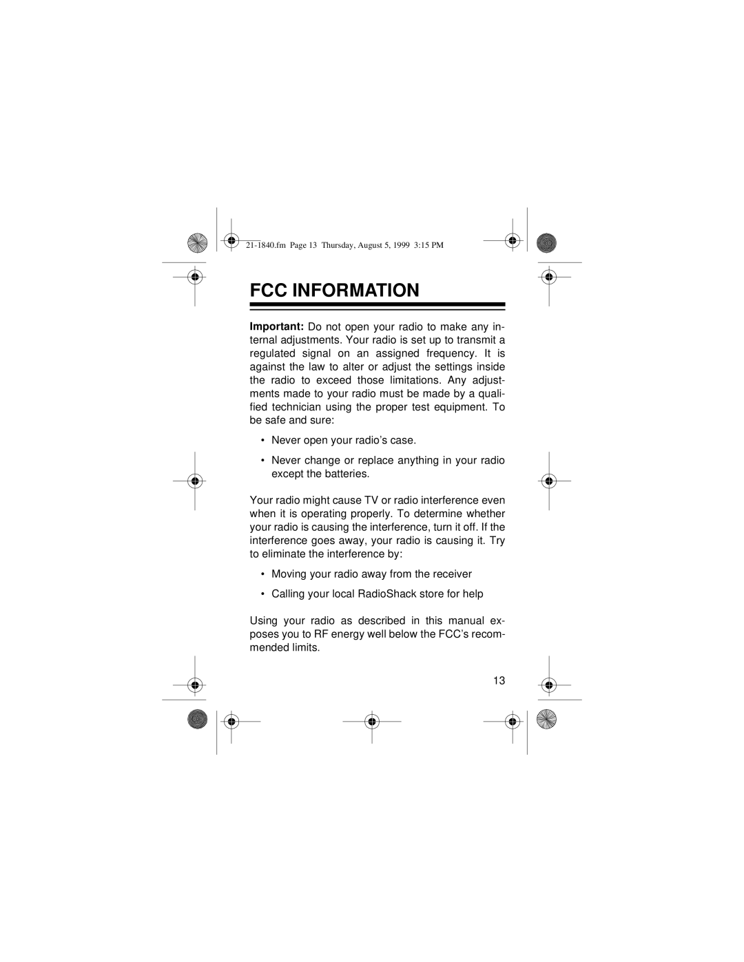 Radio Shack 21-1840 owner manual FCC Information 