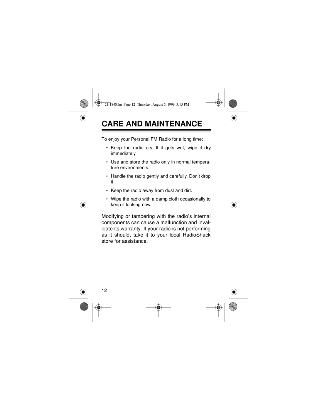 Radio Shack 21-1840 owner manual Care And Maintenance 