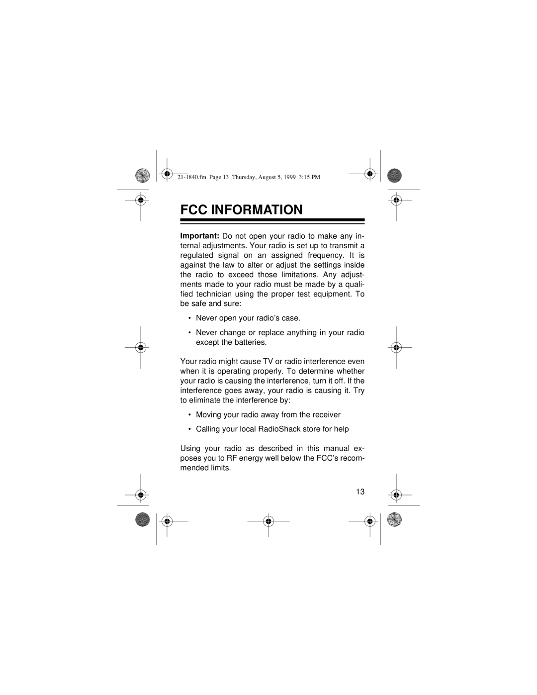 Radio Shack 21-1840 owner manual Fcc Information 