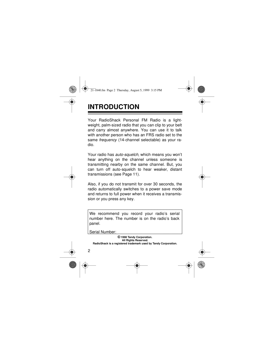 Radio Shack 21-1840 owner manual Introduction 