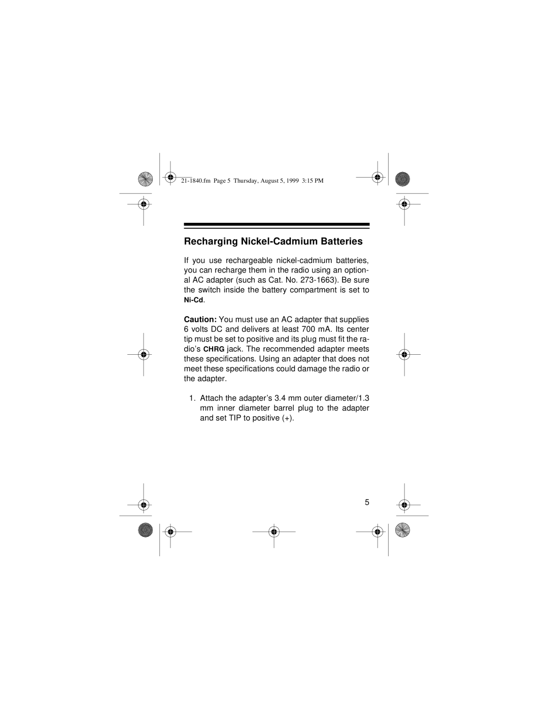 Radio Shack 21-1840 owner manual Recharging Nickel-CadmiumBatteries 
