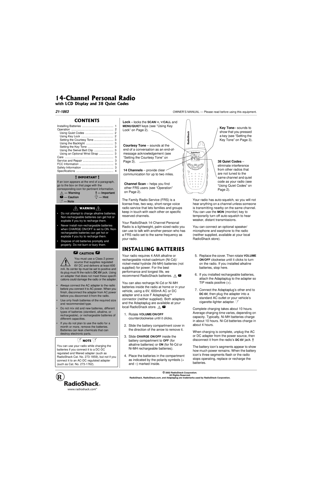 Radio Shack 21-1863 owner manual 36/%JCPPGN2GTUQPCN4CFKQ, +056#..+0$#664+5 