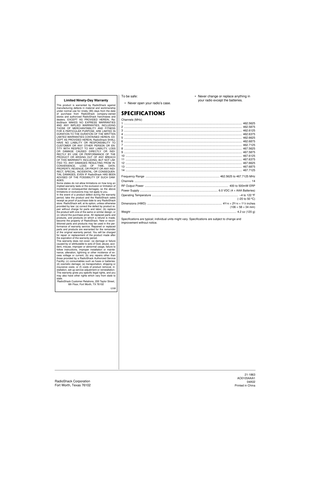 Radio Shack 21-1863 owner manual 52%++%#6+105, Limited Ninety-Day Warranty 