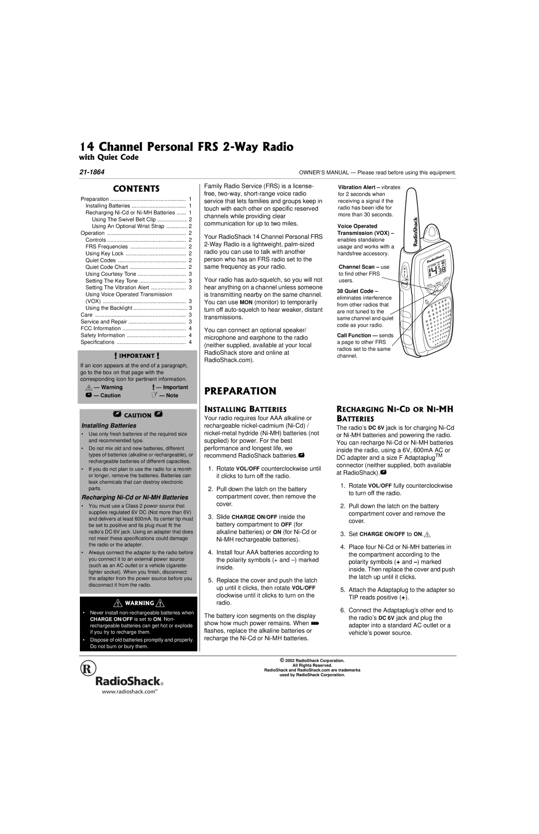 Radio Shack 21-1864 owner manual 242#4#6+10, +056#..+0$#664+5, #4+00+/%&140+//* $#664+5, Installing Batteries 