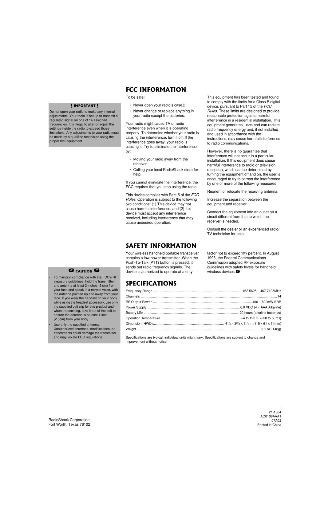 Radio Shack 21-1864 owner manual #6+014/#6+10, 52%++%#6+105 