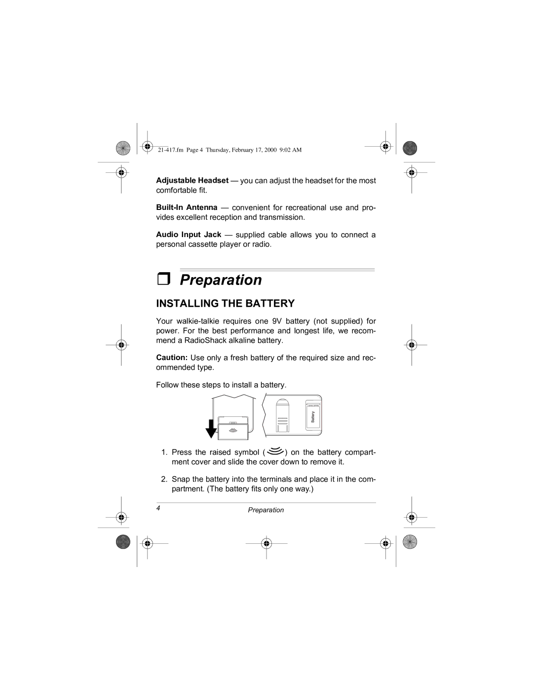 Radio Shack 21-417 manual 3UHSDUDWLRQ#, 167$//,1*#7+#%$775#, ROORZ#WKHVH#VWHSV#WR#LQVWDOO#D#EDWWHU\1, 73UHSDUDWLRQ 