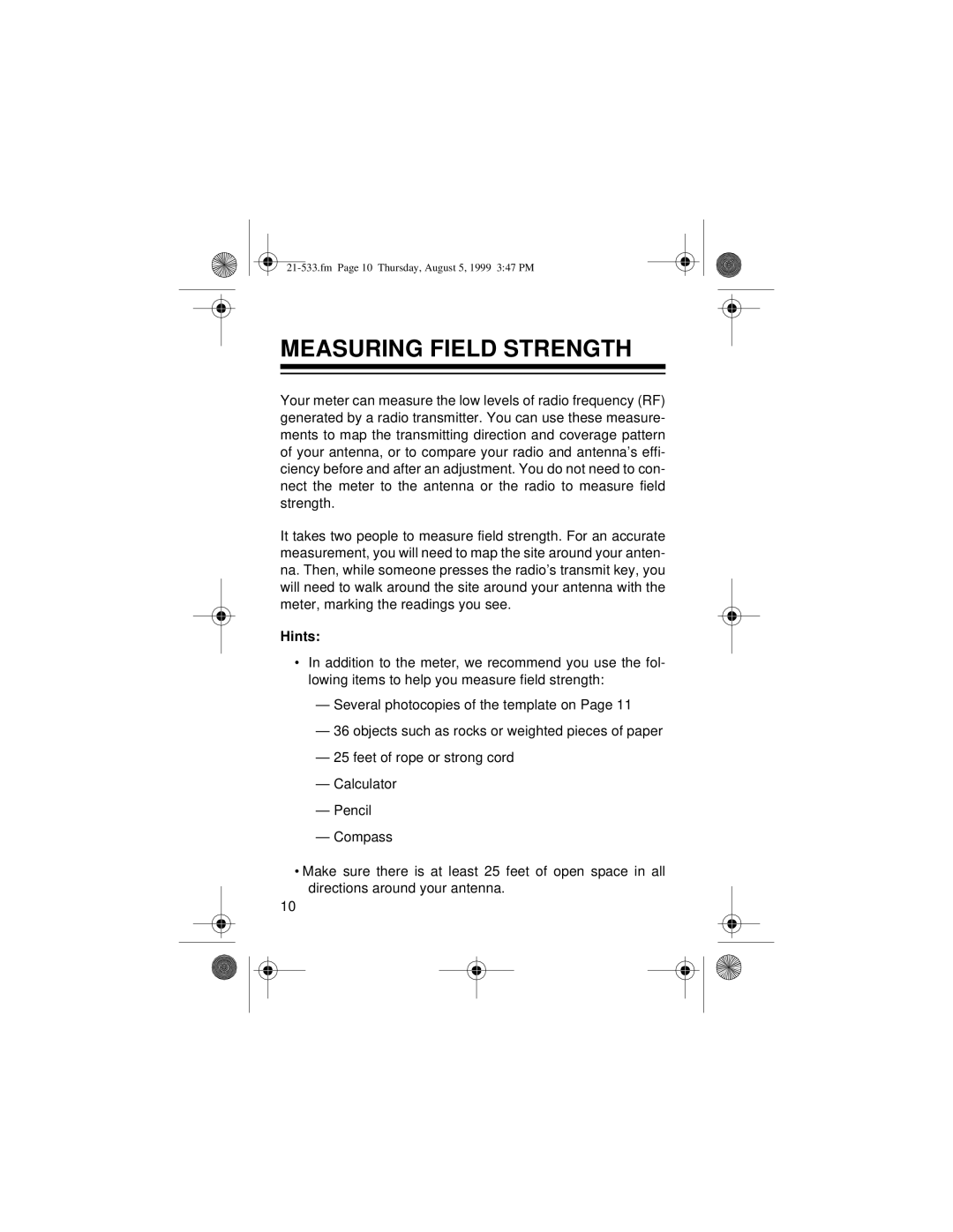 Radio Shack 21-533 owner manual Measuring Field Strength, Hints 