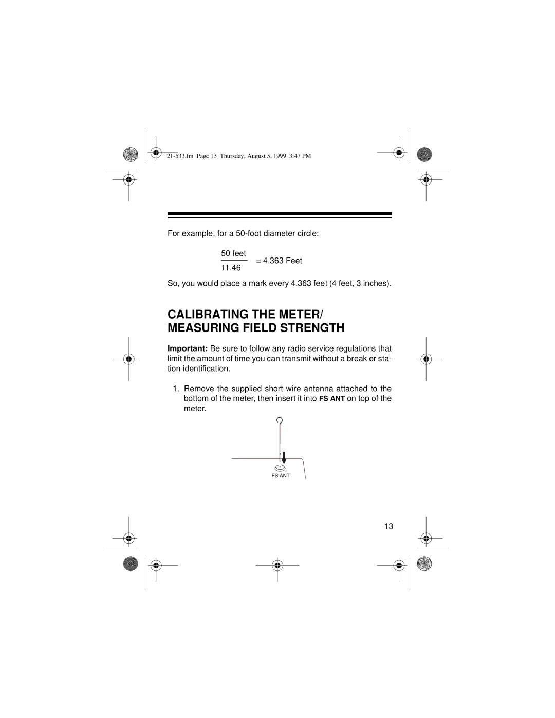 Radio Shack 21-533 owner manual Calibrating the METER/ Measuring Field Strength 