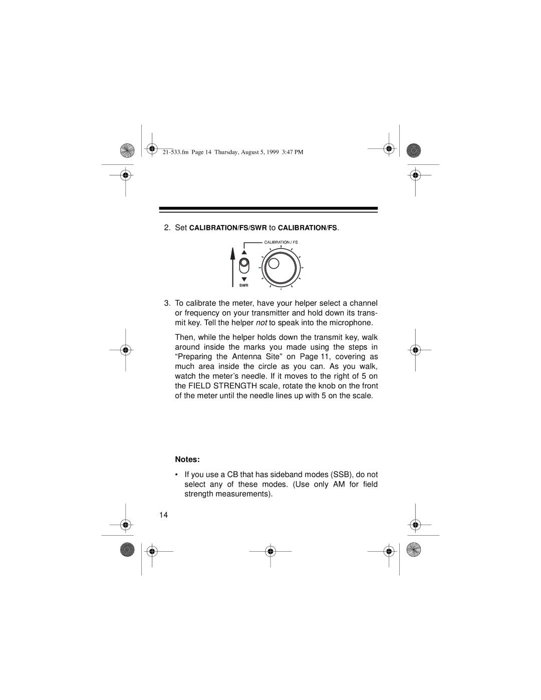 Radio Shack 21-533 owner manual Set CALIBRATION/FS/SWR to CALIBRATION/FS 