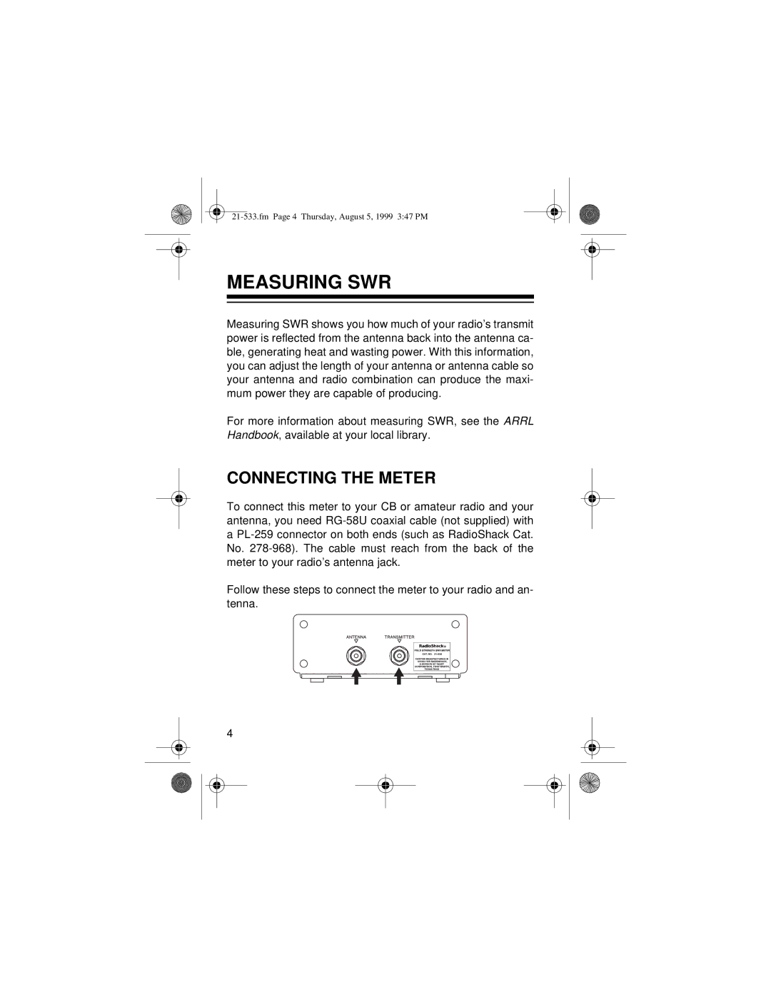 Radio Shack 21-533 owner manual Measuring SWR, Connecting the Meter 