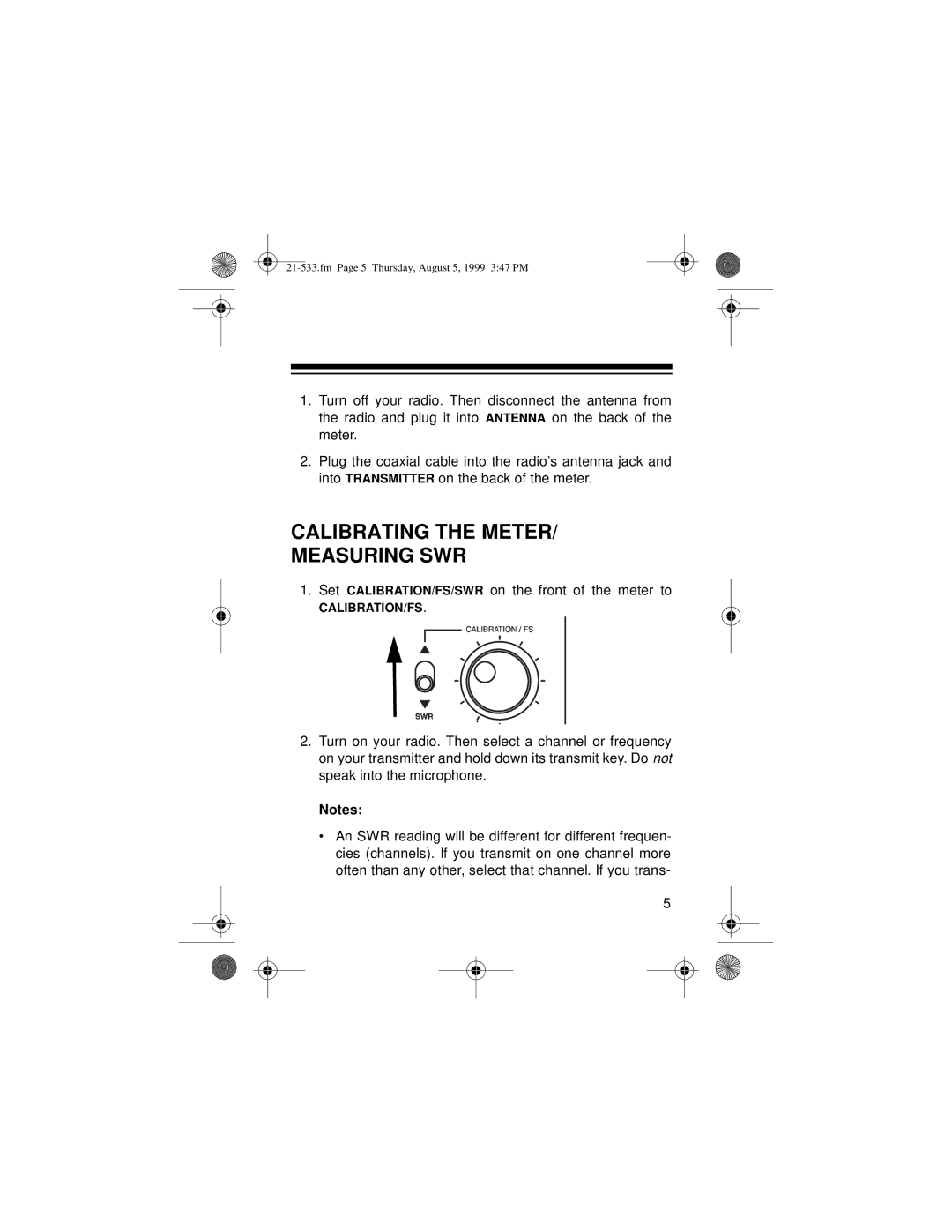 Radio Shack 21-533 owner manual Calibrating the Meter Measuring SWR 