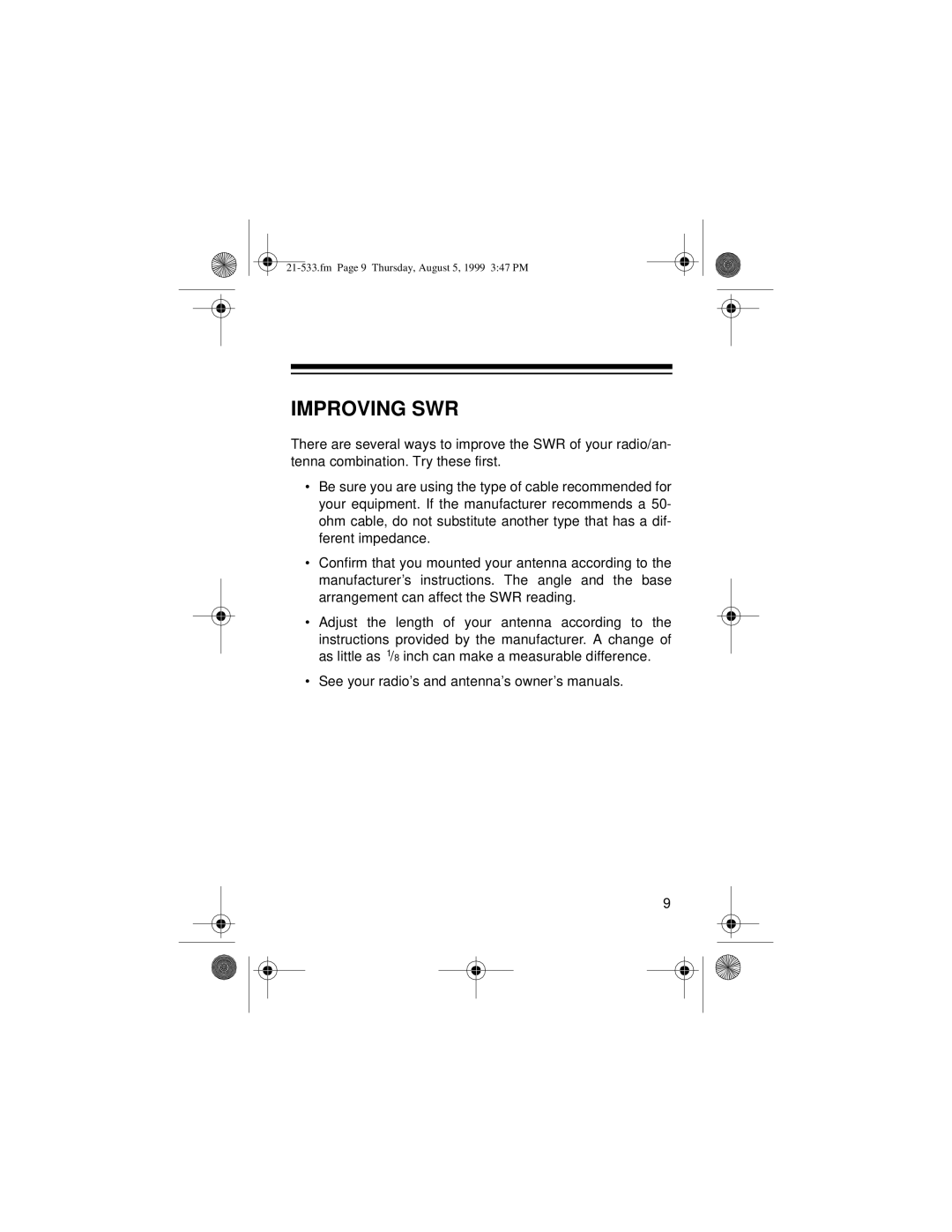 Radio Shack 21-533 owner manual Improving SWR 