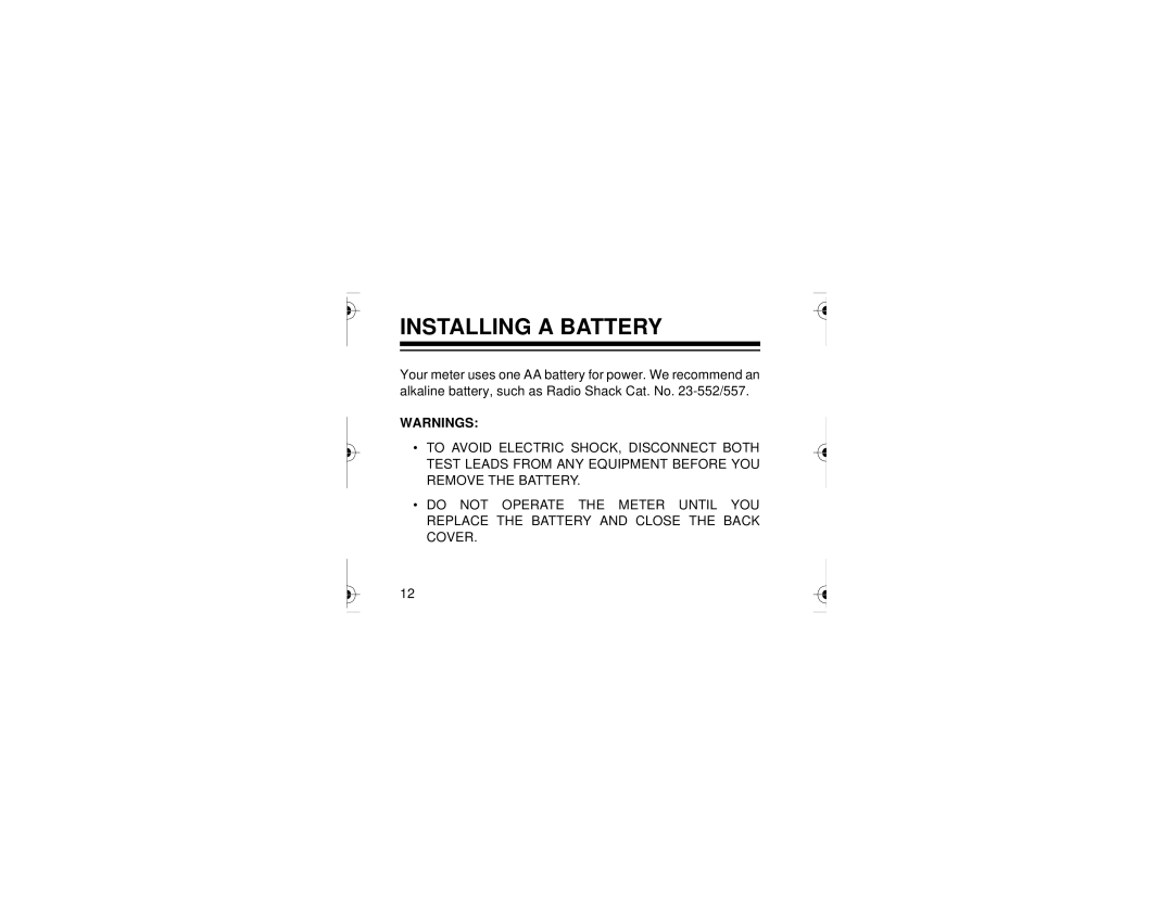 Radio Shack 22-218 owner manual Installing a Battery 