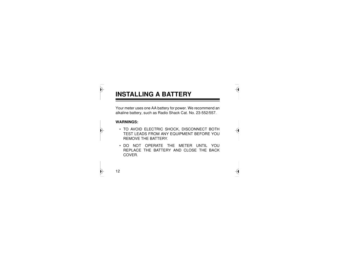 Radio Shack 22-218 owner manual Installing A Battery, Warnings 
