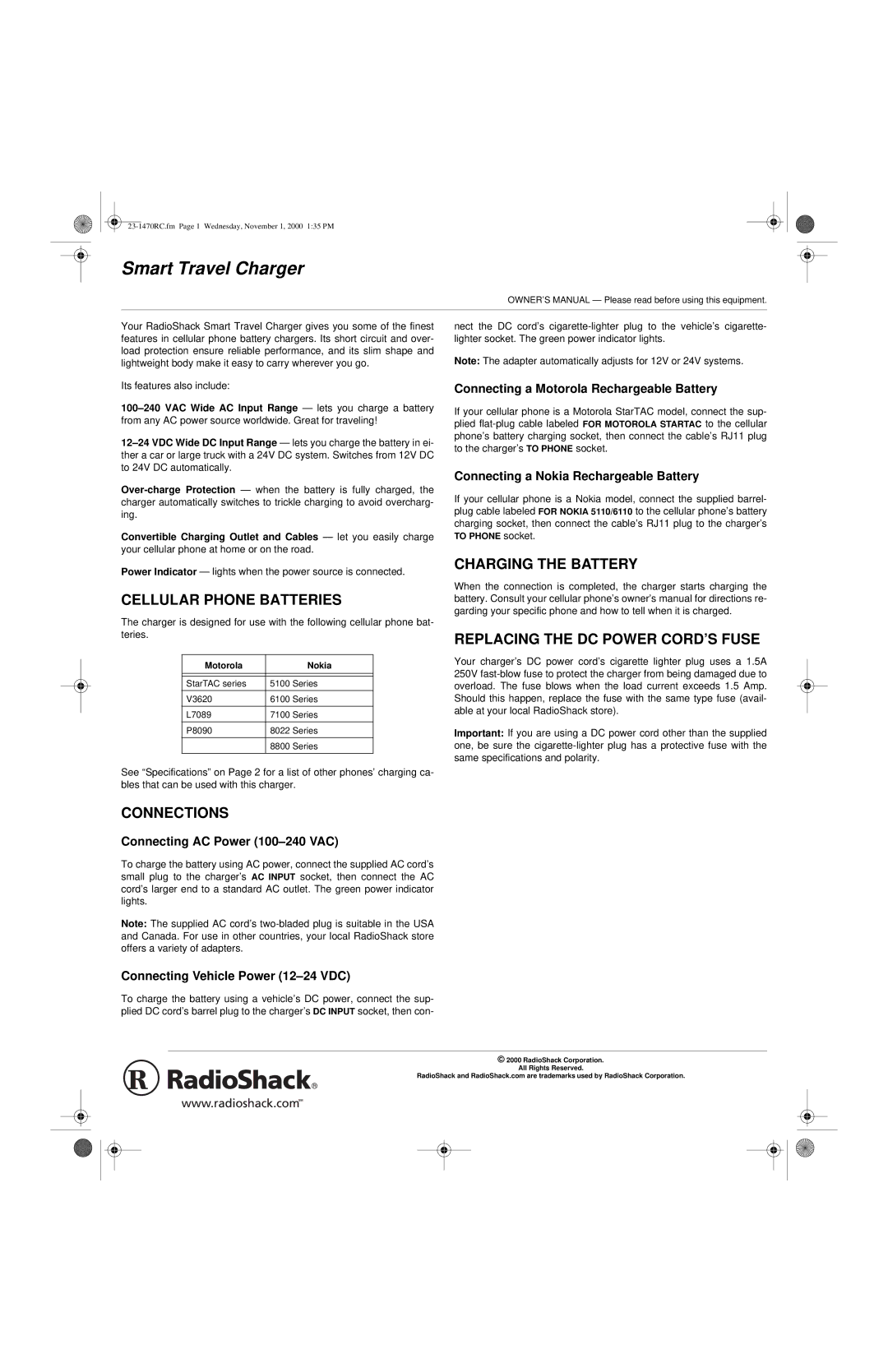 Radio Shack 23-1470RC owner manual Cellular Phone Batteries, Charging the Battery Replacing the DC Power CORD’S Fuse 