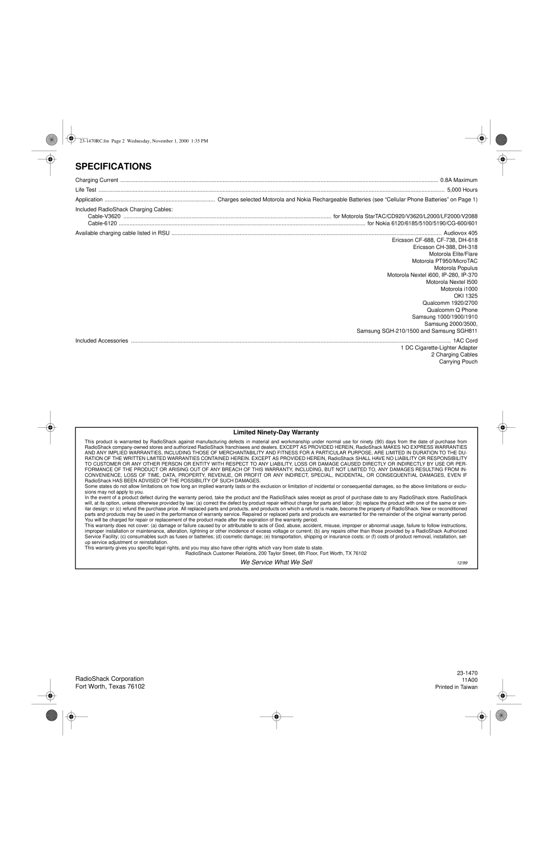 Radio Shack 23-1470RC owner manual Specifications, Application 