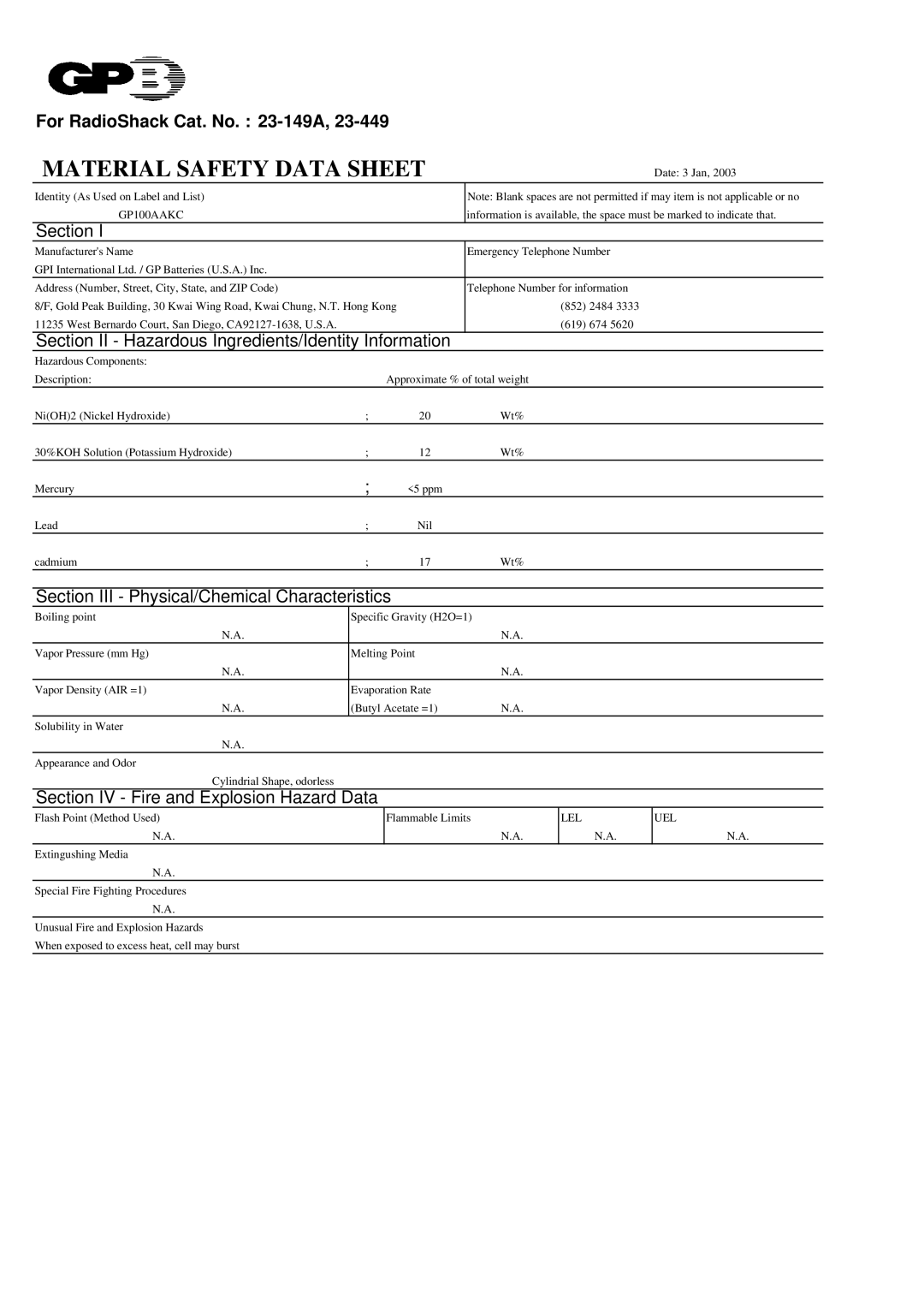 Radio Shack 23-449, 23-154, 23-149A manual Section II Hazardous Ingredients/Identity Information 