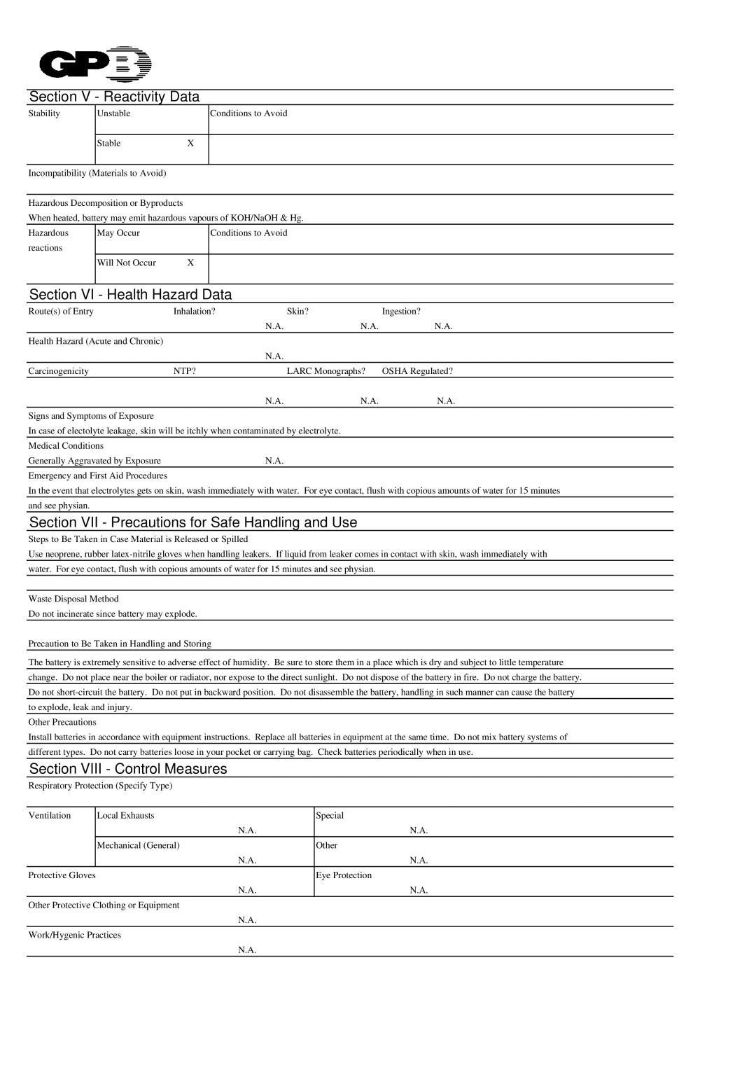 Radio Shack 23-149A, 23-154 Section V Reactivity Data, Section VI Health Hazard Data, Section Viii Control Measures, Ntp? 