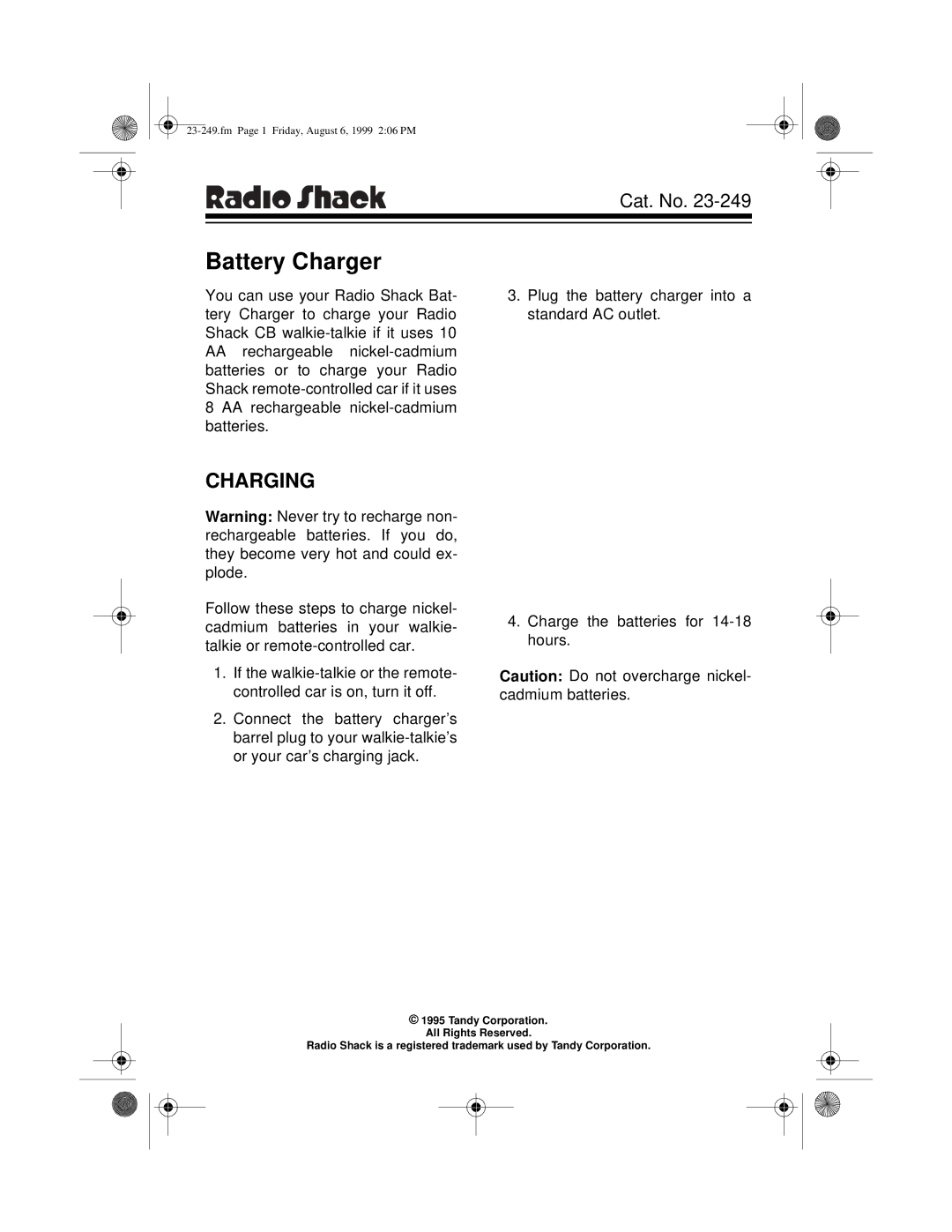 Radio Shack 23-249 manual Battery Charger 