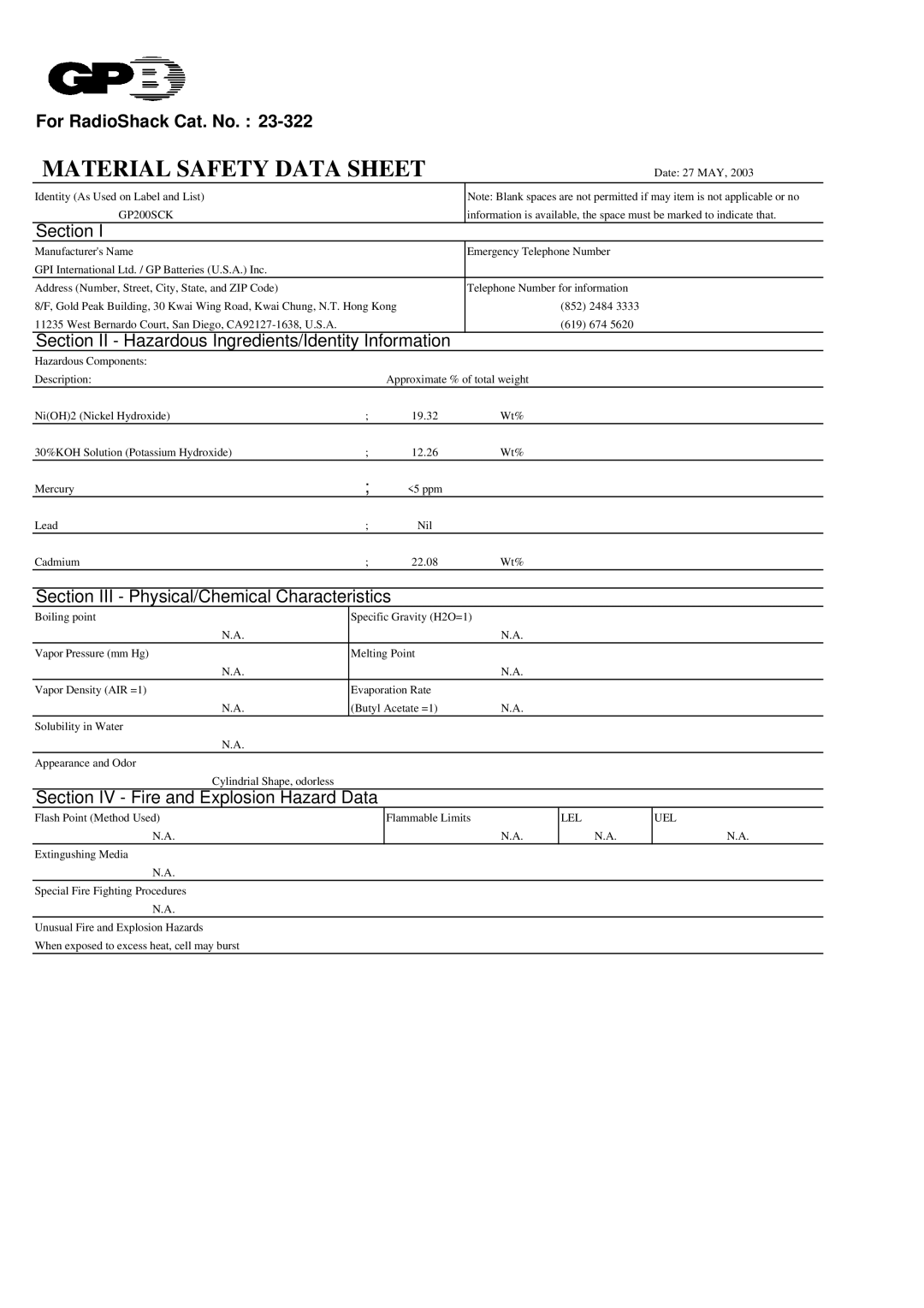 Radio Shack GP200SCK, 23-322 manual Section II Hazardous Ingredients/Identity Information 