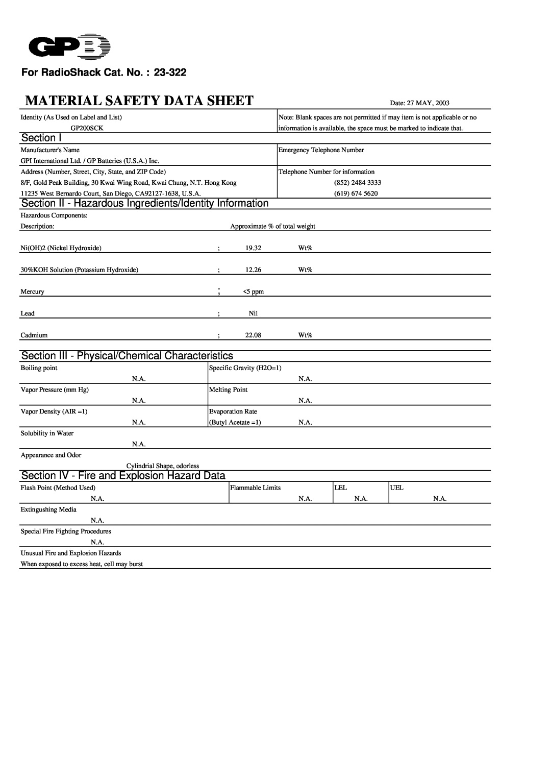 Radio Shack GP200SCK manual Section II - Hazardous Ingredients/Identity Information, Material Safety Data Sheet 