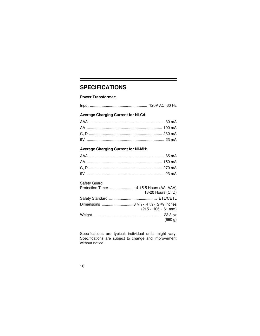 Radio Shack 23-334 owner manual Specifications, Average Charging Current for Ni-MH 