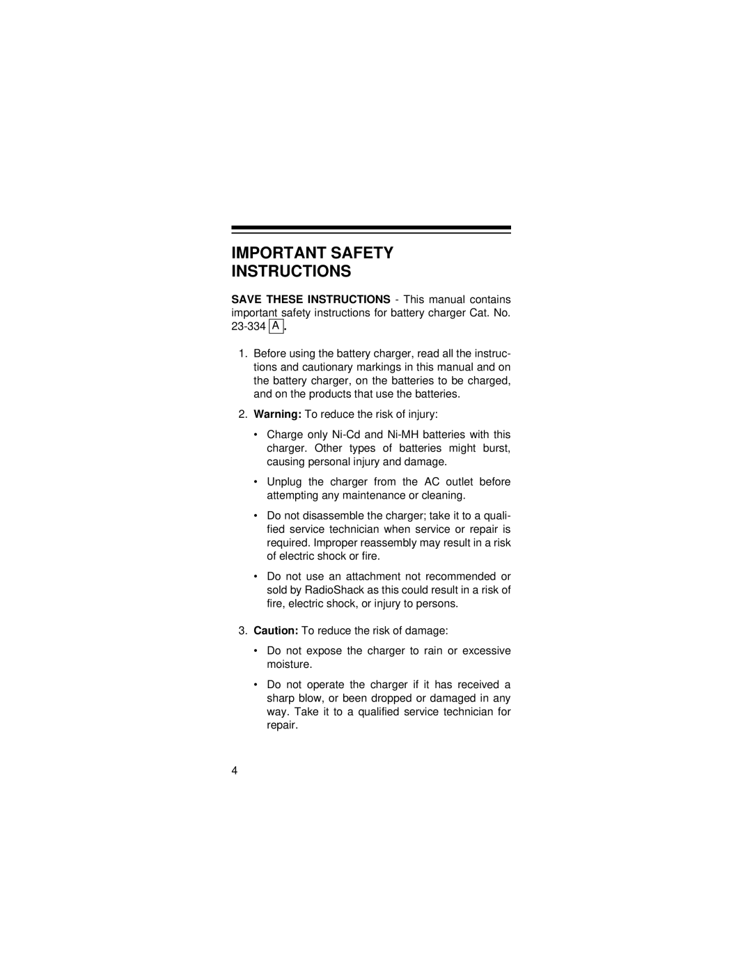 Radio Shack 23-334 owner manual Important Safety Instructions 