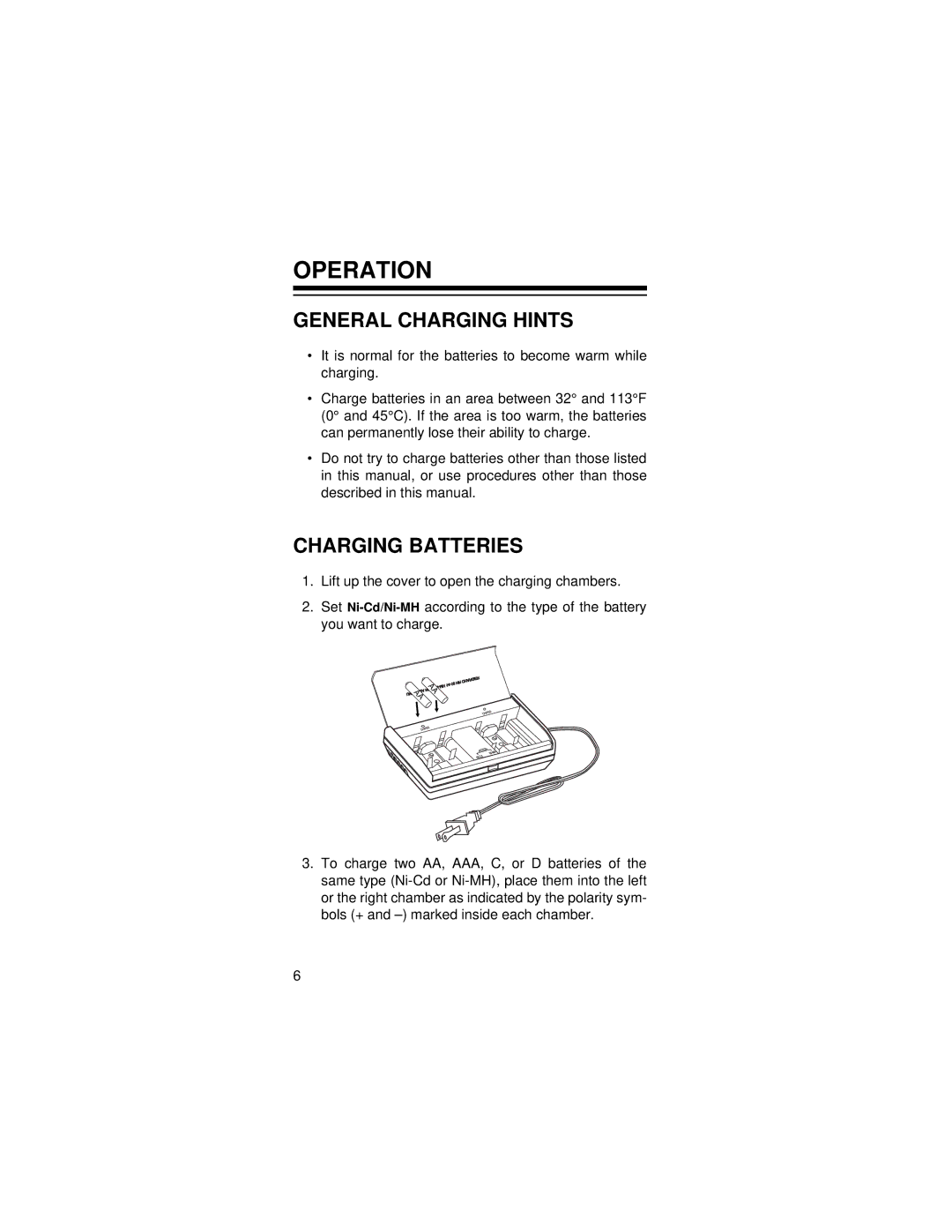 Radio Shack 23-334 owner manual Operation, General Charging Hints, Charging Batteries 