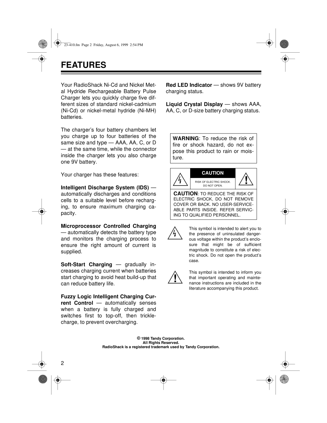 Radio Shack 23-410 owner manual Features, Intelligent Discharge System IDS 