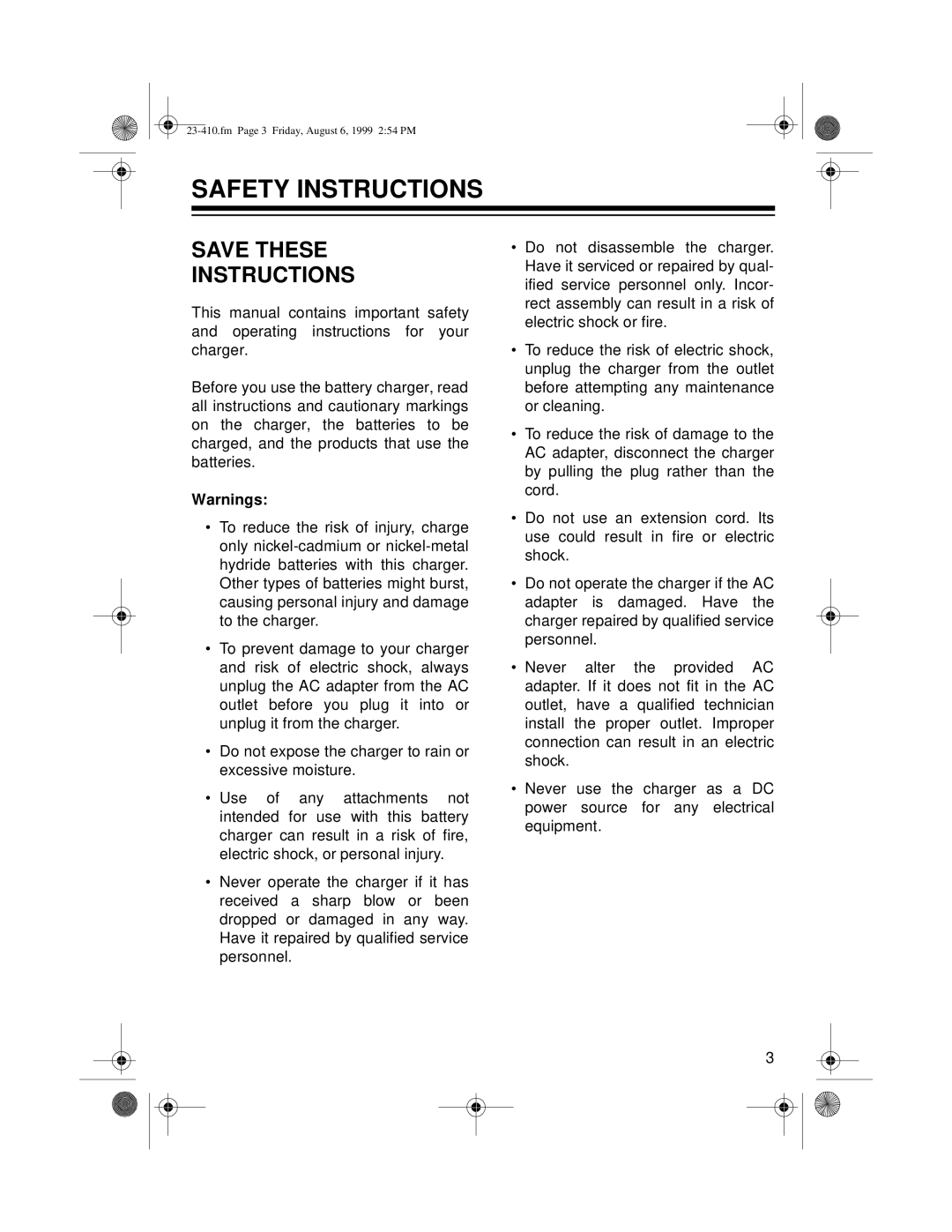 Radio Shack 23-410 owner manual Safety Instructions, Save These Instructions 