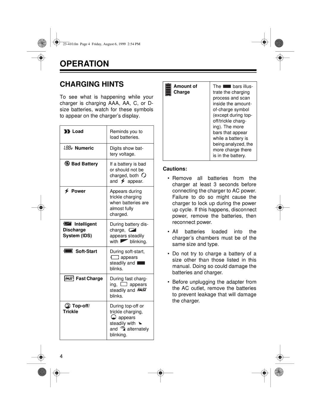 Radio Shack 23-410 owner manual Operation, Charging Hints 