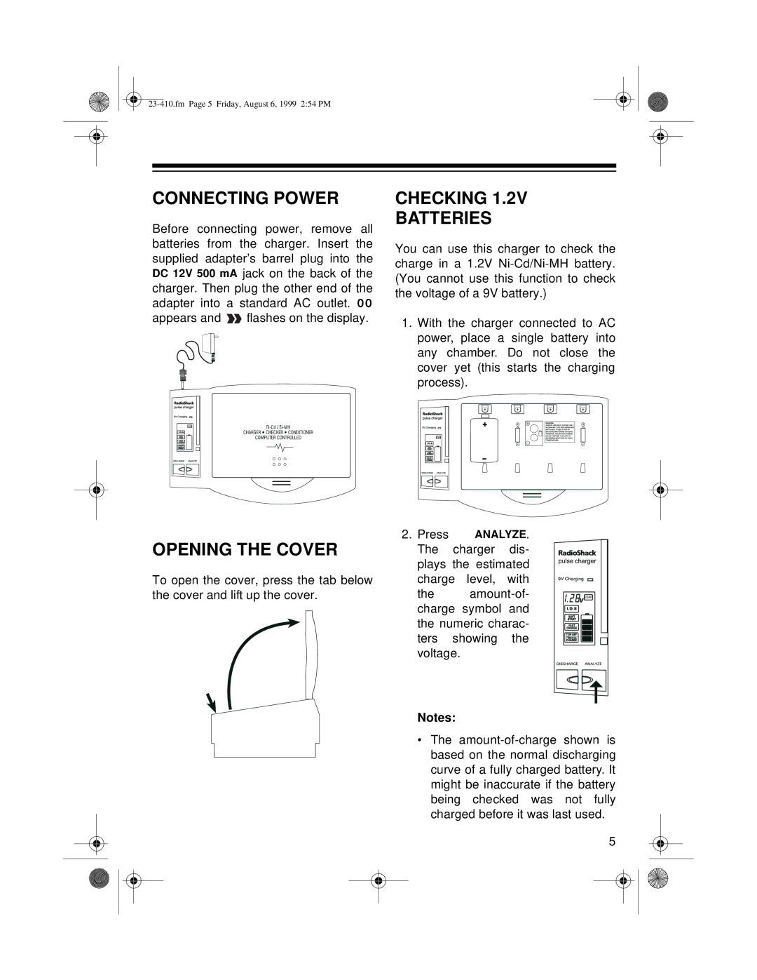 Radio Shack 23-410 owner manual Connecting Power, Opening the Cover, Checking Batteries 