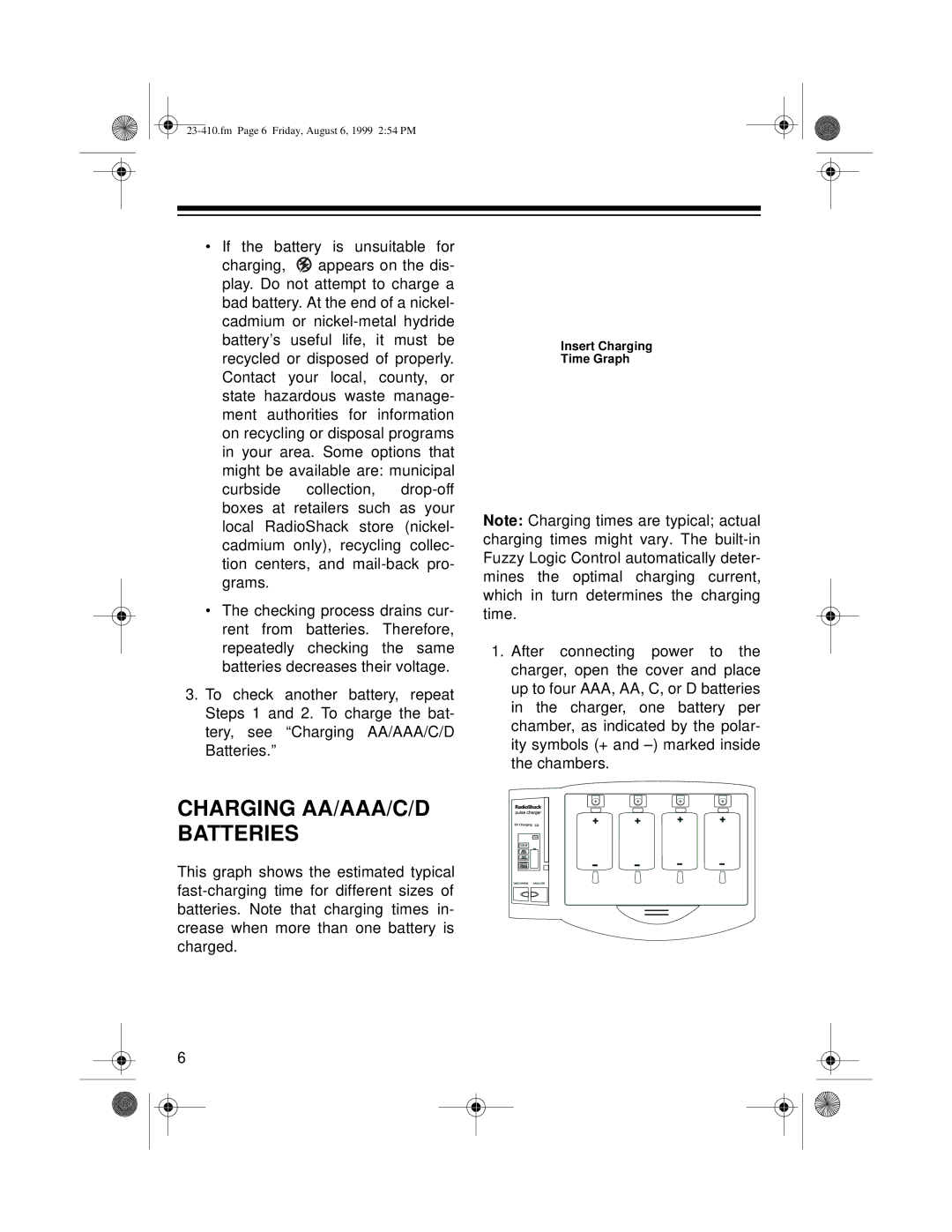 Radio Shack 23-410 owner manual Charging AA/AAA/C/D Batteries 