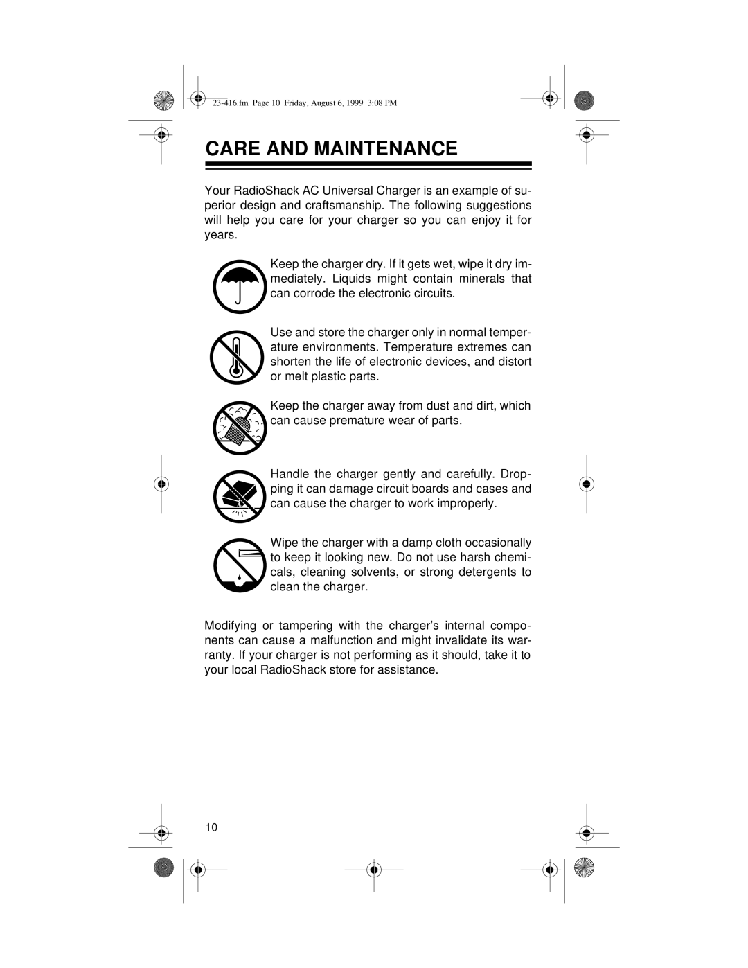 Radio Shack 23-416 owner manual Care and Maintenance 