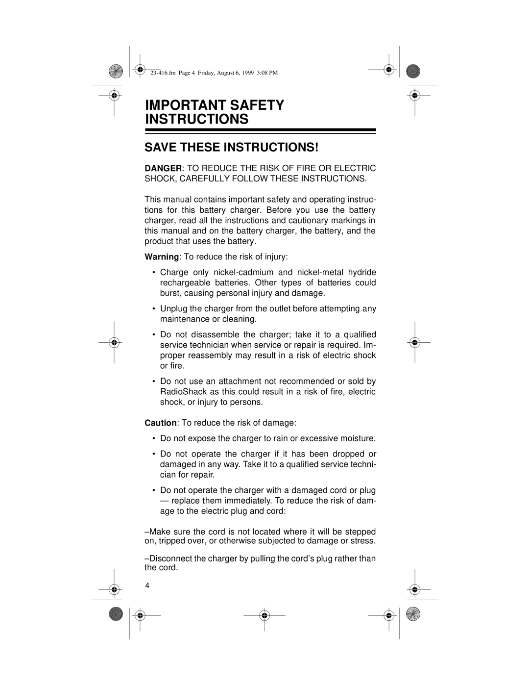 Radio Shack 23-416 owner manual Important Safety Instructions 