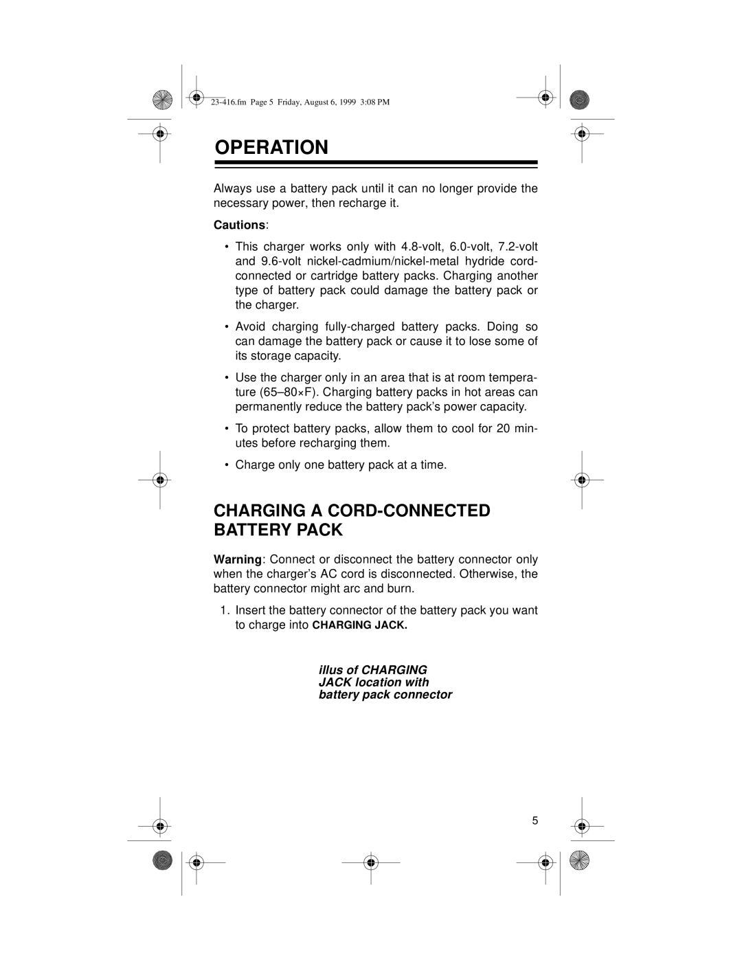 Radio Shack 23-416 owner manual Operation, Illus of Charging Jack location with battery pack connector 