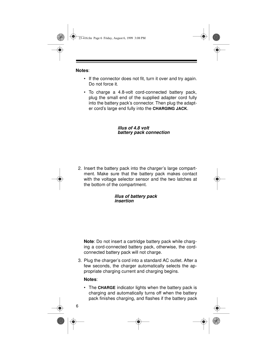 Radio Shack 23-416 owner manual Illus of 4.8 volt Battery pack connection, Illus of battery pack insertion 