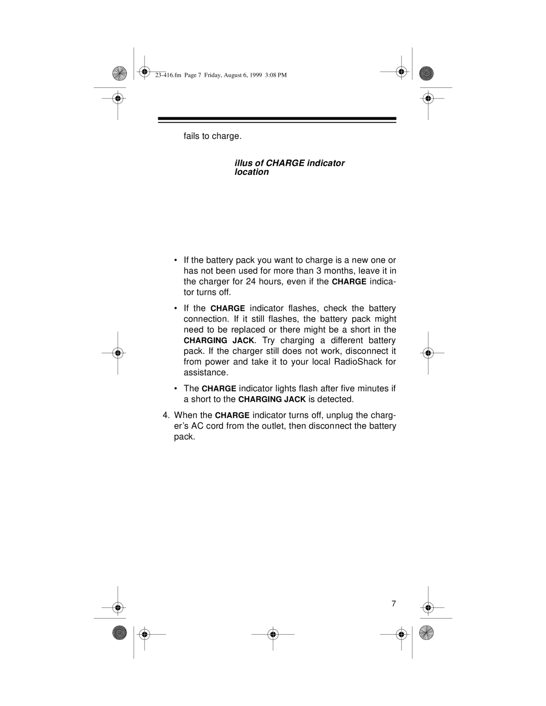 Radio Shack 23-416 owner manual Illus of Charge indicator location 