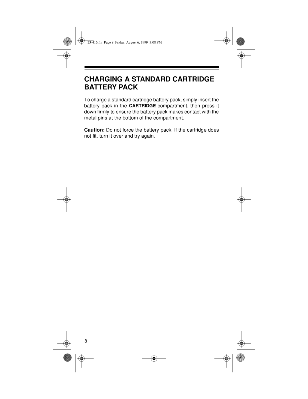 Radio Shack 23-416 owner manual Charging a Standard Cartridge Battery Pack 