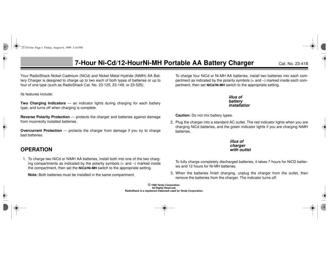 Radio Shack 23-418 manual Hour Ni-Cd/12-HourNi-MH Portable AA Battery Charger, Operation, Cat. No 