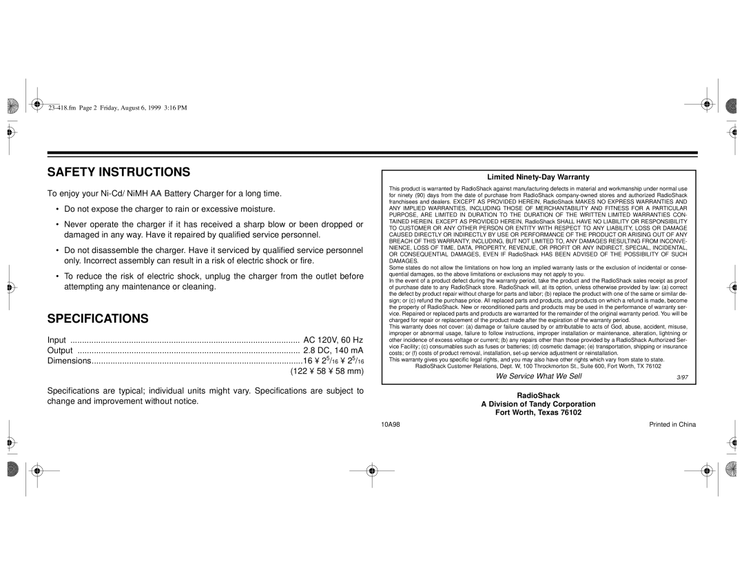 Radio Shack 23-418 manual Safety Instructions, Specifications, Limited Ninety-Day Warranty, Damages 