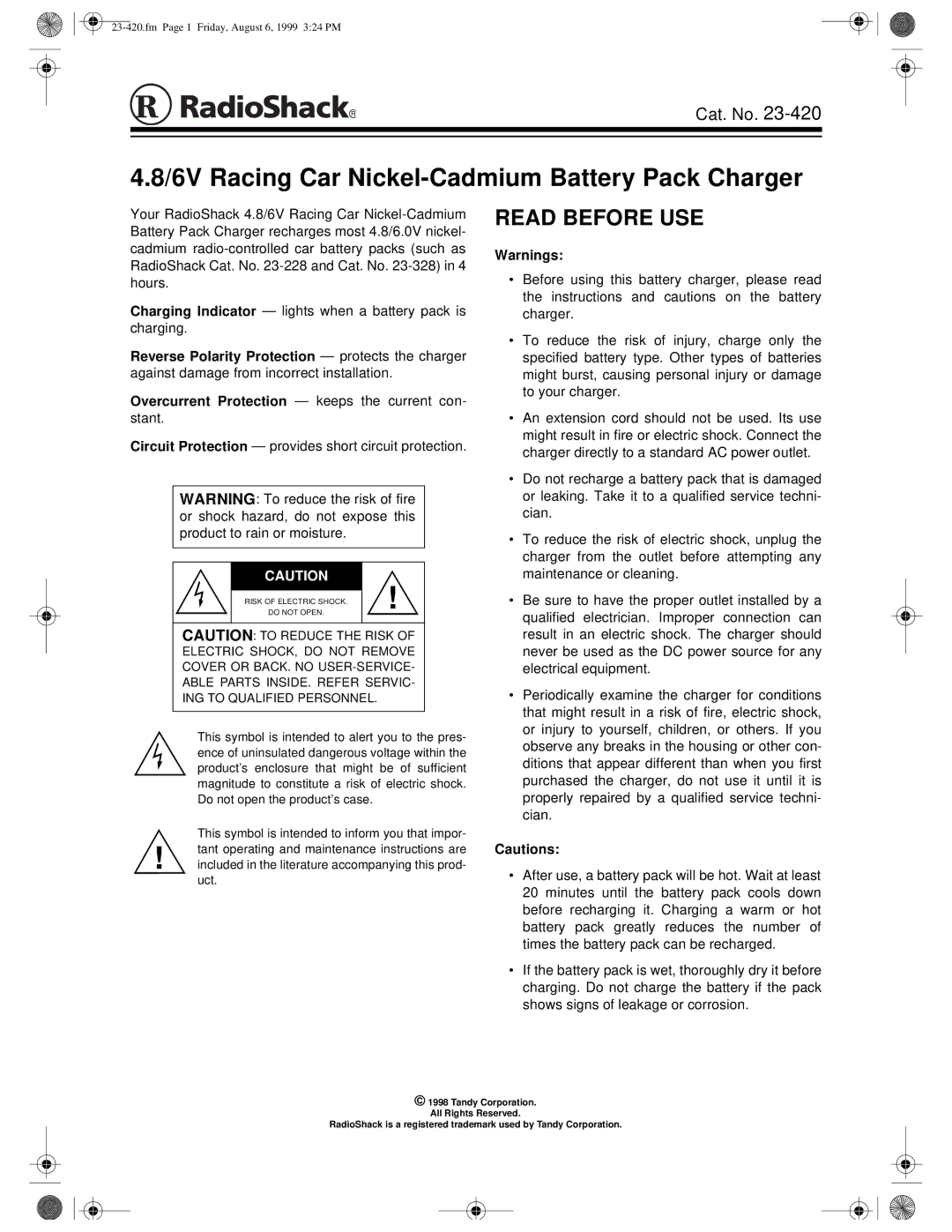 Radio Shack 23-328, 23-420, 23-228 user service 6V Racing Car Nickel-Cadmium Battery Pack Charger, Read Before USE 