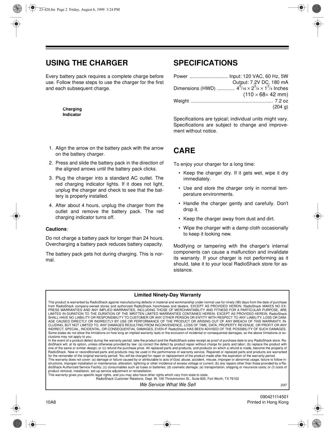 Radio Shack 23-228, 23-420, 23-328 user service Using the Charger, Specifications, Care 