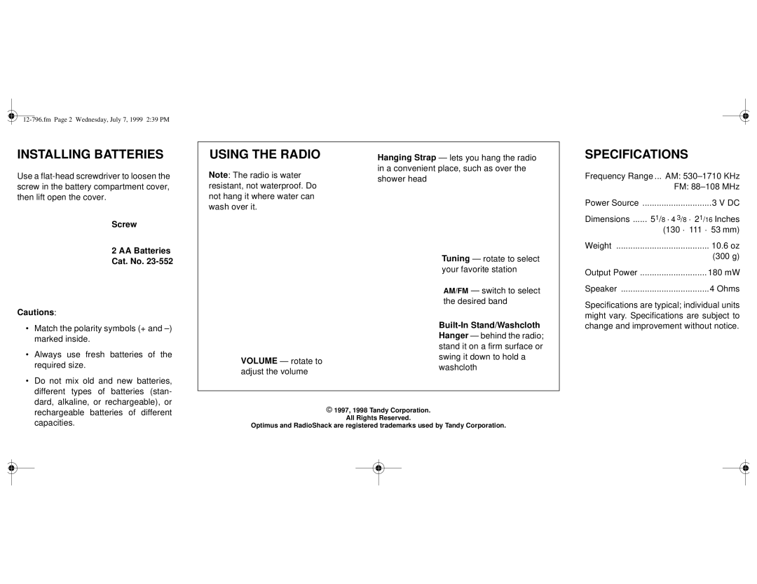 Radio Shack 23-552, 12-796 owner manual Installing Batteries, Using the Radio, Specifications 