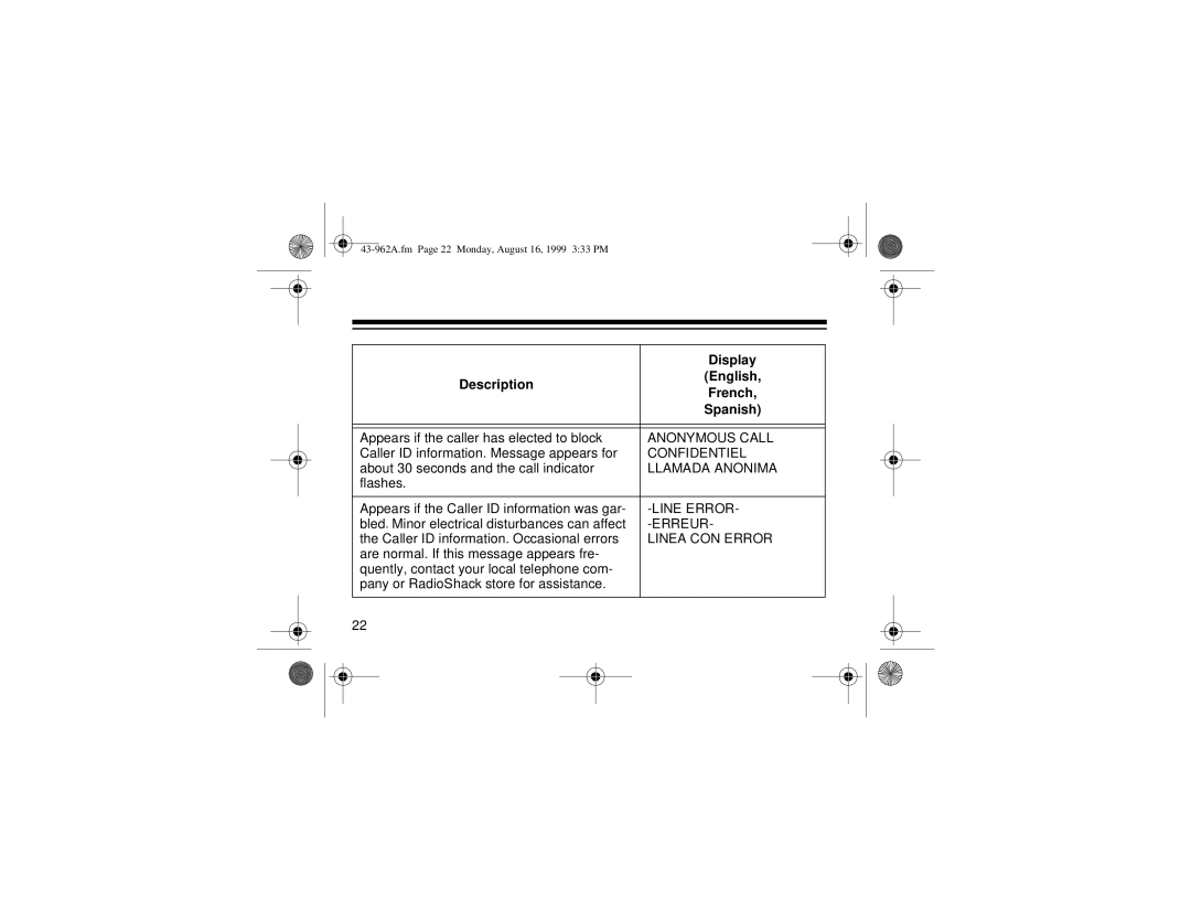 Radio Shack 240 owner manual Anonymous Call 