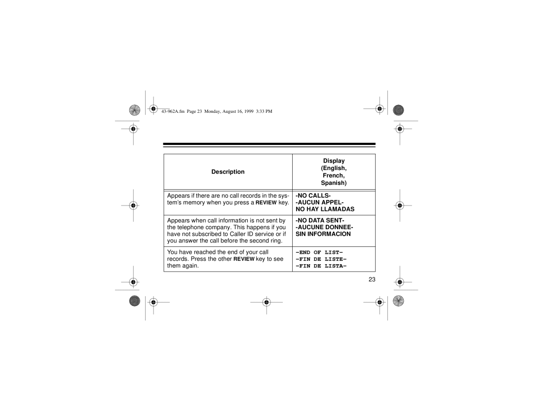 Radio Shack 240 owner manual No Calls 