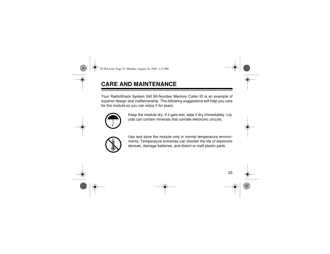 Radio Shack 240 owner manual Care and Maintenance 