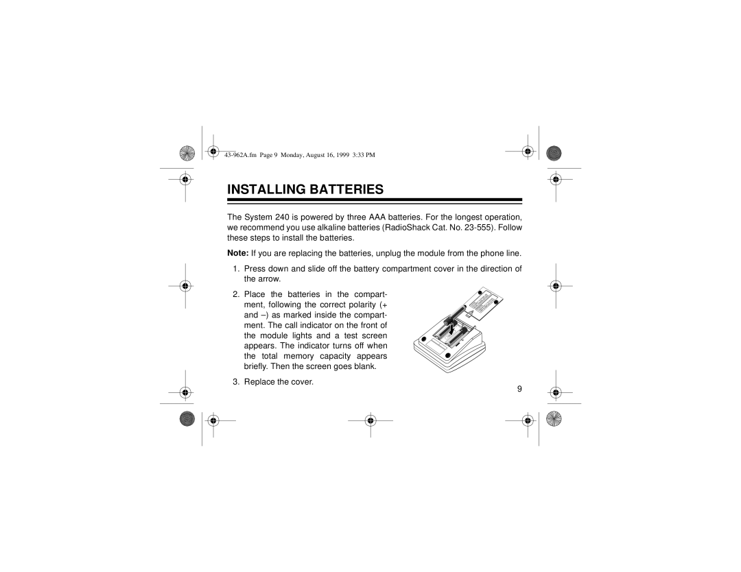 Radio Shack 240 owner manual Installing Batteries 