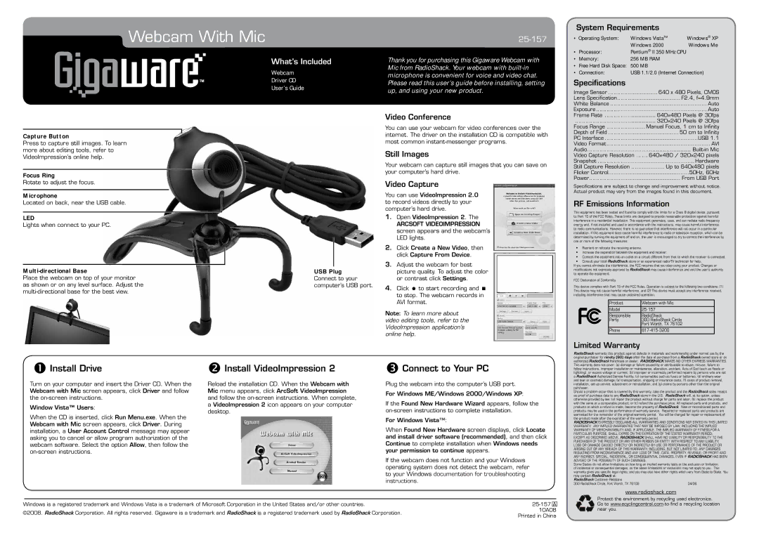 Radio Shack 25-157 specifications Install Drive, Install VideoImpression, Connect to Your PC, What’s Included 